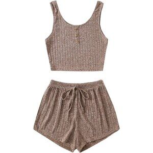Women's Button Front Ribbed Knit Tank Top and Shorts Pajama Set Sleepwear Lounge